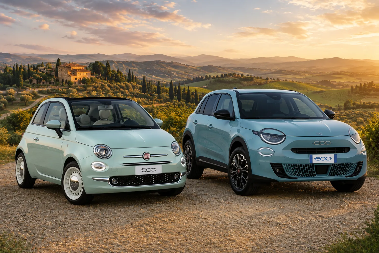 A Fiat 500 and a Fiat 600 parked in the Tuscan hills