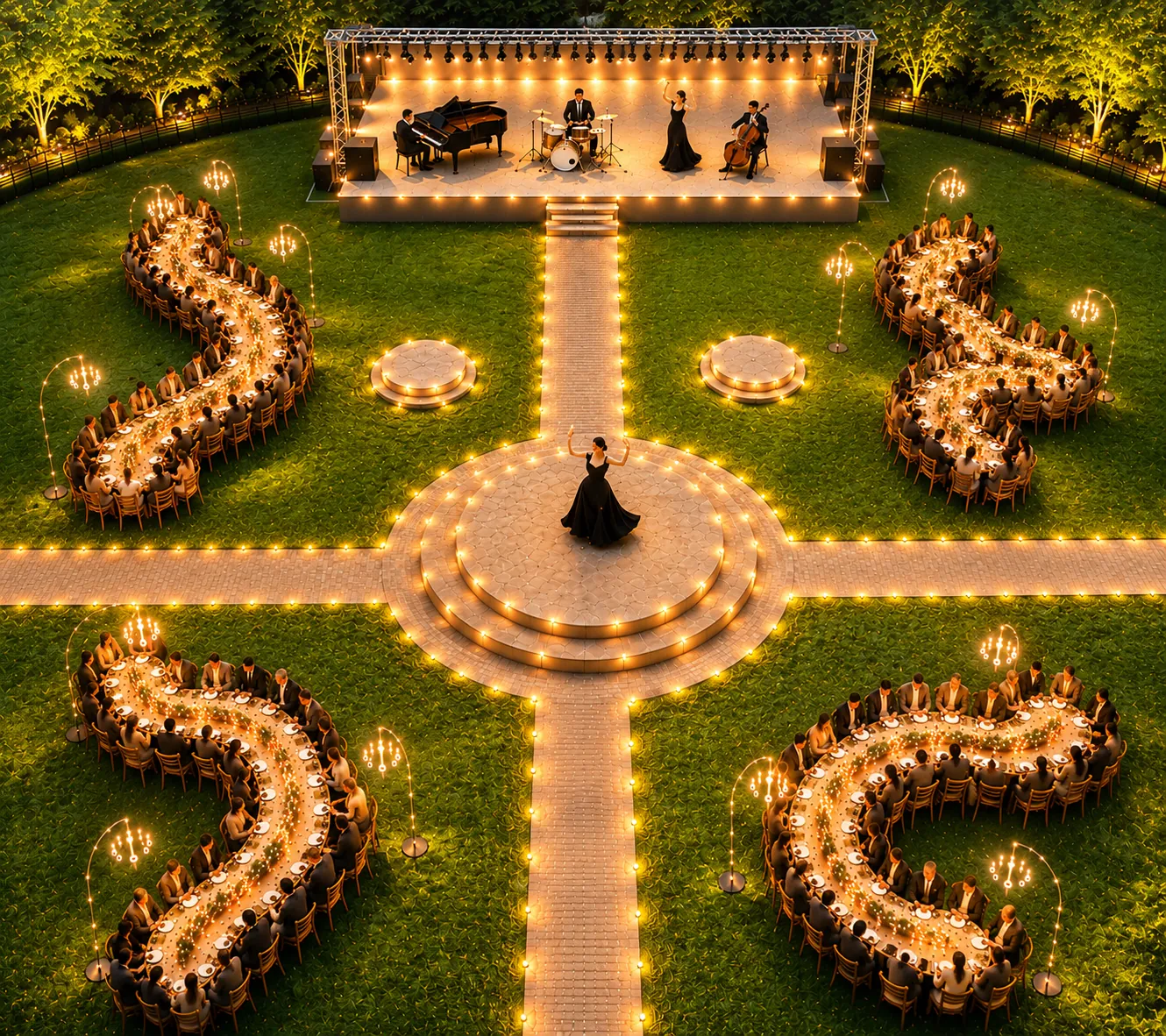 Curving banquet tables lit by candlelight around a stage at night