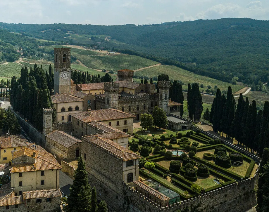 Aerial view of the Abbazia di Passignano among vineyards