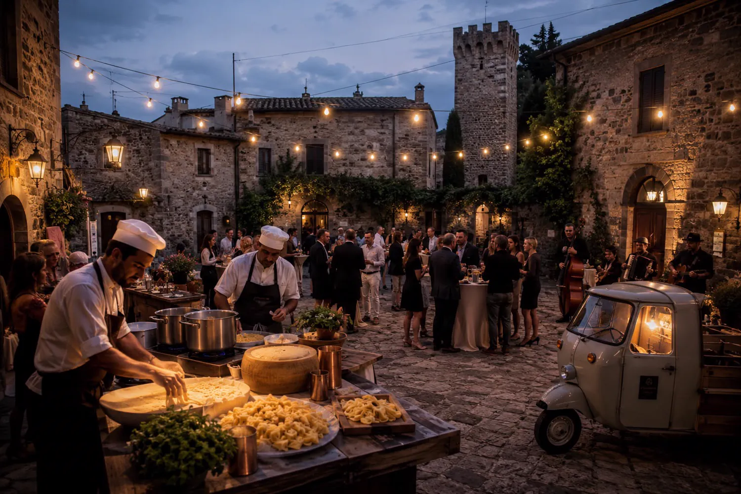 An evening courtyard dinner in a Tuscan castle village